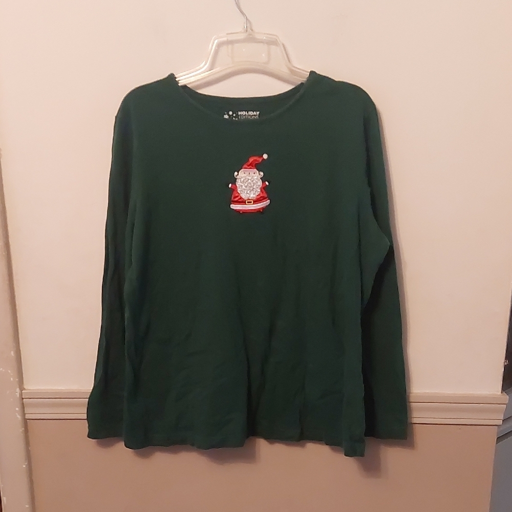 Holiday Editions Dark Green Embroidered Santa Casual Top Sz XL